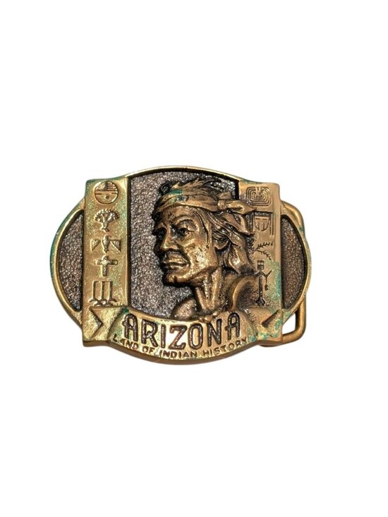 Western Savings Other - Vintage Arizona Solid Brass Belt Buckle Native American Design Suede Pouch